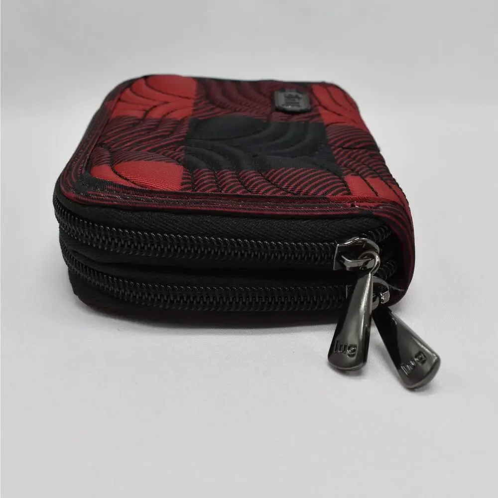 Lug Splits RFID Double Zip Wallet Black Red Quilted Buffalo Plaid Card Holder